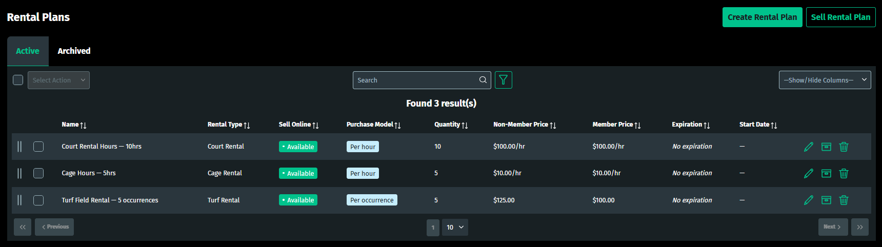 The Rental Plans admin page in EZUI showing Active and Archived tabs, search, and three plans listed with their rental type, purchase model, quantity, member and non-member prices, and expiration.