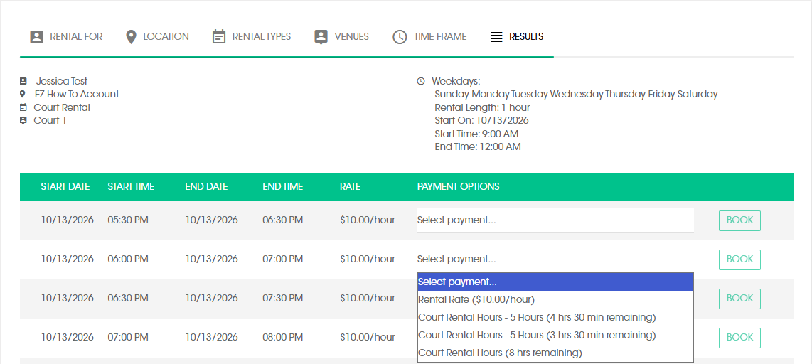 A Self Service rental booking results screen. The Payment Options menu for a court time slot lists the Rental Rate and each of the client's eligible Court Rental Hours plans with the hours remaining.
